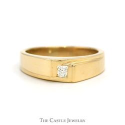 Round Diamond Solitaire Men's Ring with Polished Sides and Geometric Design in 14k Yellow Gold
