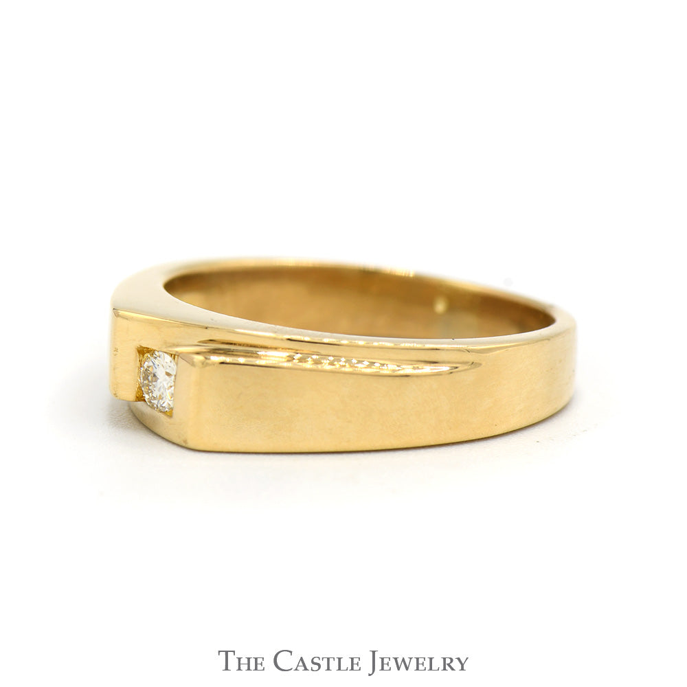 Round Diamond Solitaire Men's Ring with Polished Sides and Geometric Design in 14k Yellow Gold