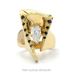 .75ct Pear Diamond & Sapphire Modern Fashion Ring in 14k Yellow Gold