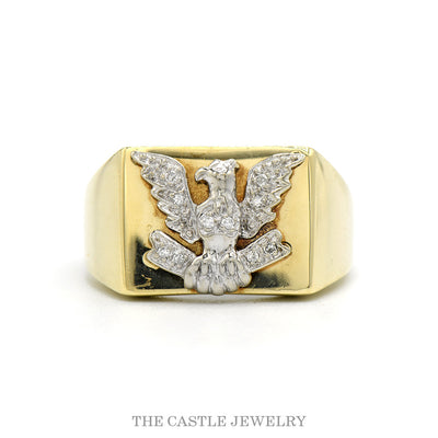 10k yellow gold men's eagle diamond signet ring — top view