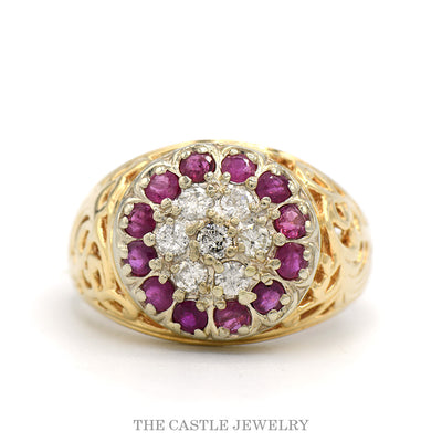 10k yellow gold men's Kentucky Cluster ring with round brilliant diamond center, faceted ruby halo, and filigree cut-out shoulders — top view