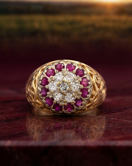 Kentucky Cluster Diamond Men's Ring with Ruby Halo and Filigree Shoulders in 10k Yellow Gold
