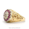 Side profile of the 10k yellow gold ruby-and-diamond cluster men's ring showing cluster dome height and shoulder openwork - Thumbnail 2