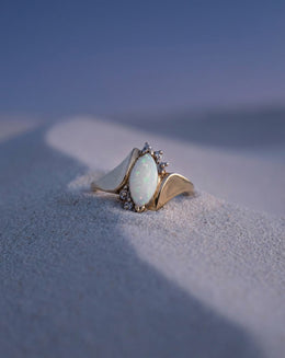 Marquise Opal Ring with Diamond Crescent Accent in 10k Yellow Gold