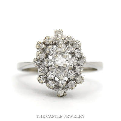 14k white gold oval diamond double halo cluster ring — top view