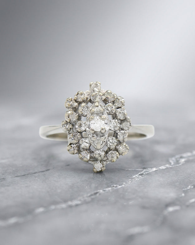 0.85ctw Oval Diamond Double Halo Cluster Ring in 14k White Gold