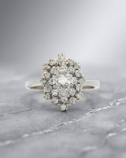 0.85ctw Oval Diamond Double Halo Cluster Ring in 14k White Gold