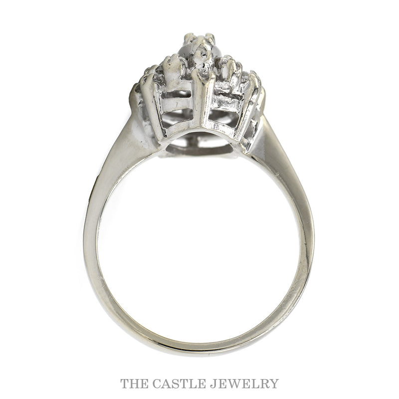 Front-facing view of the 14k white gold diamond halo cluster