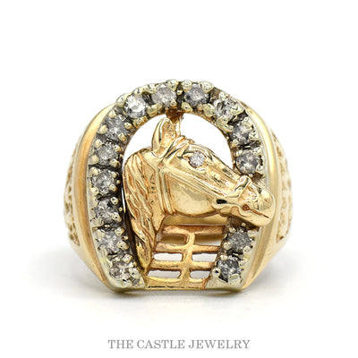 3/4cttw Diamond Encrusted Horseshoe Ring with Horse Head and Textured Sides in 14k Yellow Gold