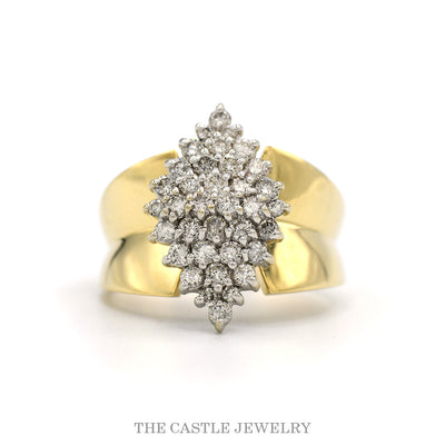 14k yellow gold marquise shaped round diamond cluster ring — top view