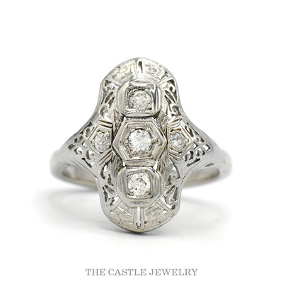 10k white gold Art Deco shield ring with old European-cut diamonds — top view