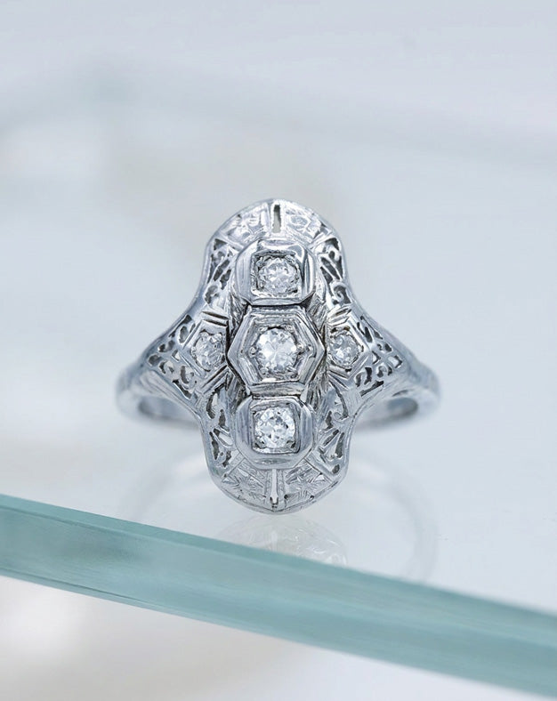 0.25ctw Old European-Cut Diamond Shield Ring in 10k White Gold