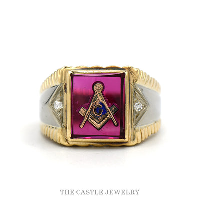 10k two-tone Masonic ring with synthetic ruby and diamond accents — top view