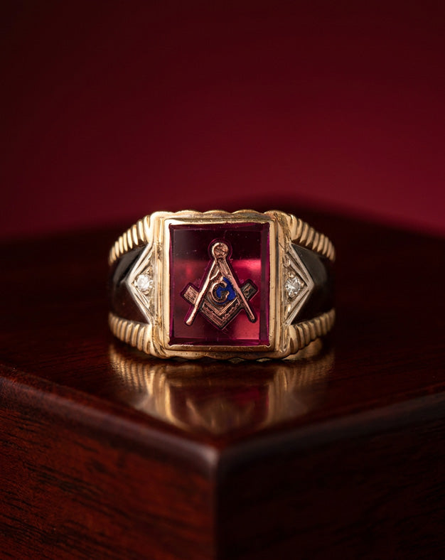 Men's Masonic Ring with Synthetic Ruby and Diamond Accents in 10k Two-Tone Gold
