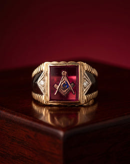 Men's Masonic Ring with Synthetic Ruby and Diamond Accents in 10k Two-Tone Gold