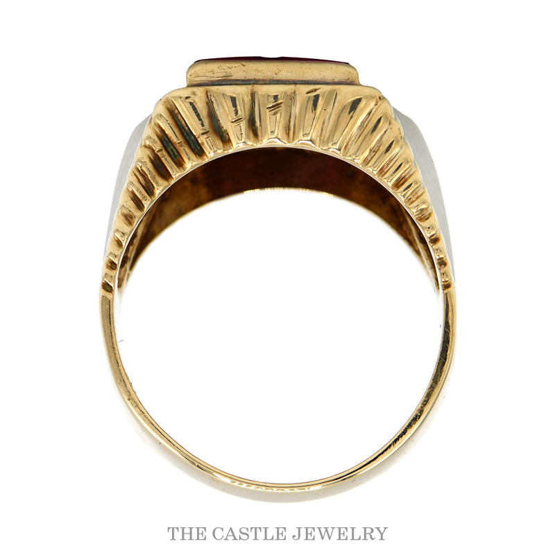 Front-facing view of the 10k two-tone Masonic ruby ring