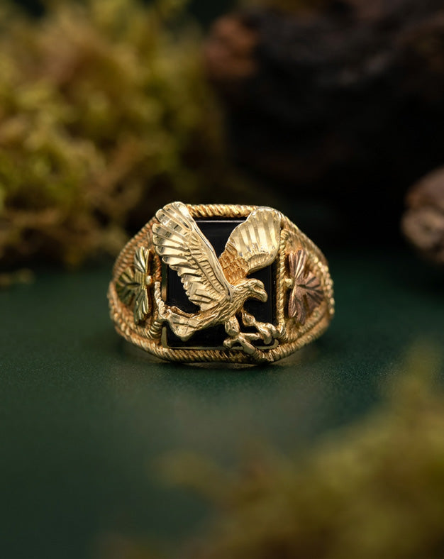 Men's Black Hills Gold Eagle Ring with Black Onyx in 10k Tri-Color Gold