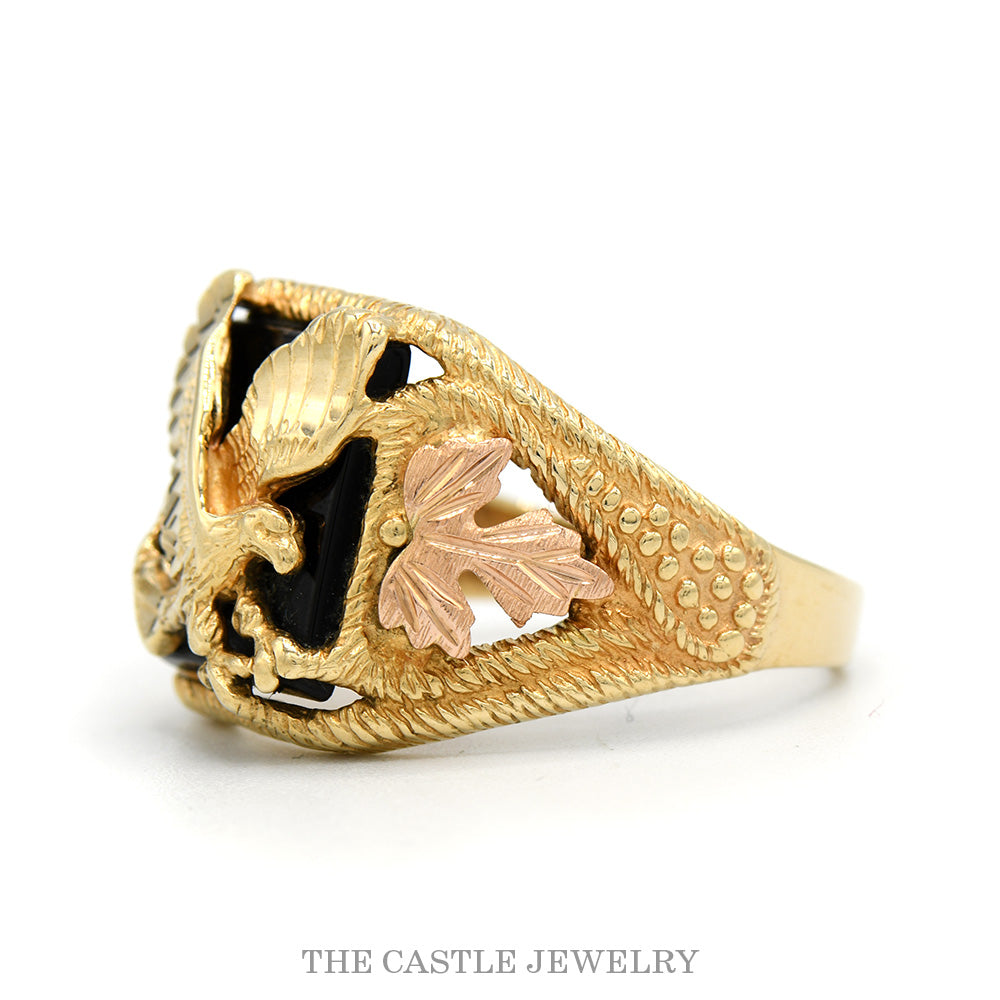 Men's Black Hills Gold Eagle Ring with Black Onyx in 10k Tri-Color