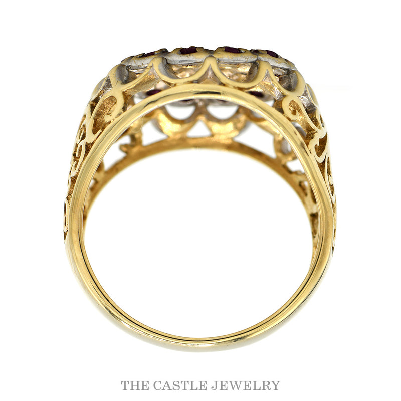 Front-facing view of the 10k two-tone men's ruby diamond ring
