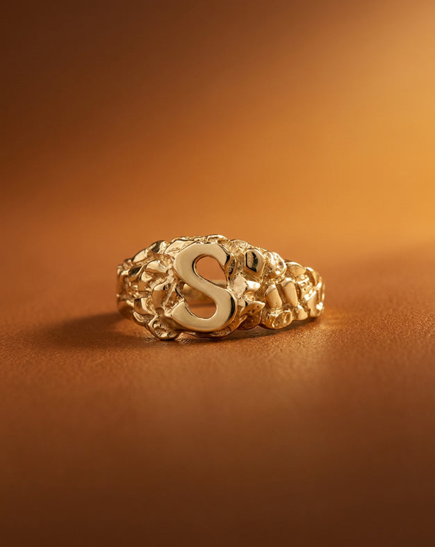 Initial 'S' Nugget Design Ring in 10k Yellow Gold