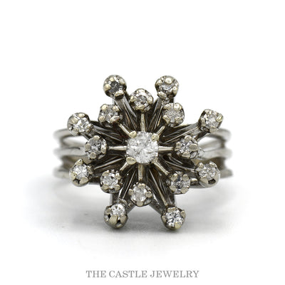 14k white gold diamond snowflake Sputnik cluster ring — top view