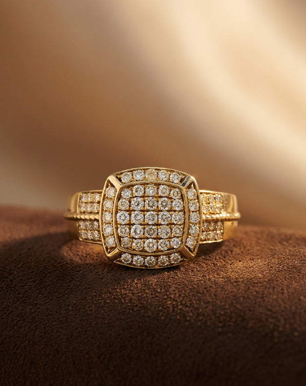 Men's 1ctw Cushion-Shape Diamond Cluster Ring with Channel Shoulders in 10k Yellow Gold