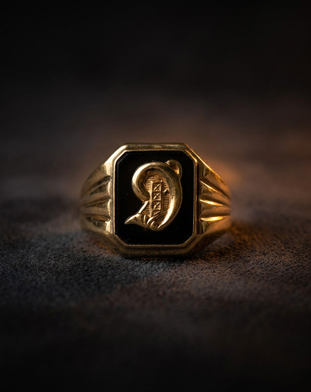 Black Onyx Initial 'D' Ring with Fluted Shoulders in 10k Yellow Gold