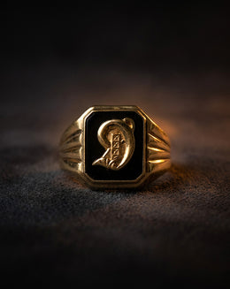 Black Onyx Initial 'D' Ring with Fluted Shoulders in 10k Yellow Gold