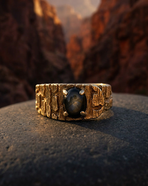 Black Lindy Star Sapphire Ring with Nugget Design Band in 10k Yellow Gold