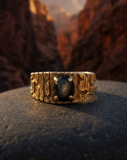 Black Lindy Star Sapphire Ring with Nugget Design Band in 10k Yellow Gold
