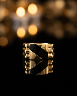 Men's Diagonal Black Onyx Inlay Ring with Grooved Sides in 14k Yellow Gold