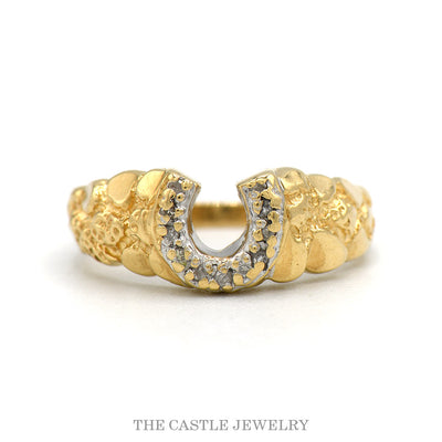 10k yellow gold diamond horseshoe ring with nugget sides — top view