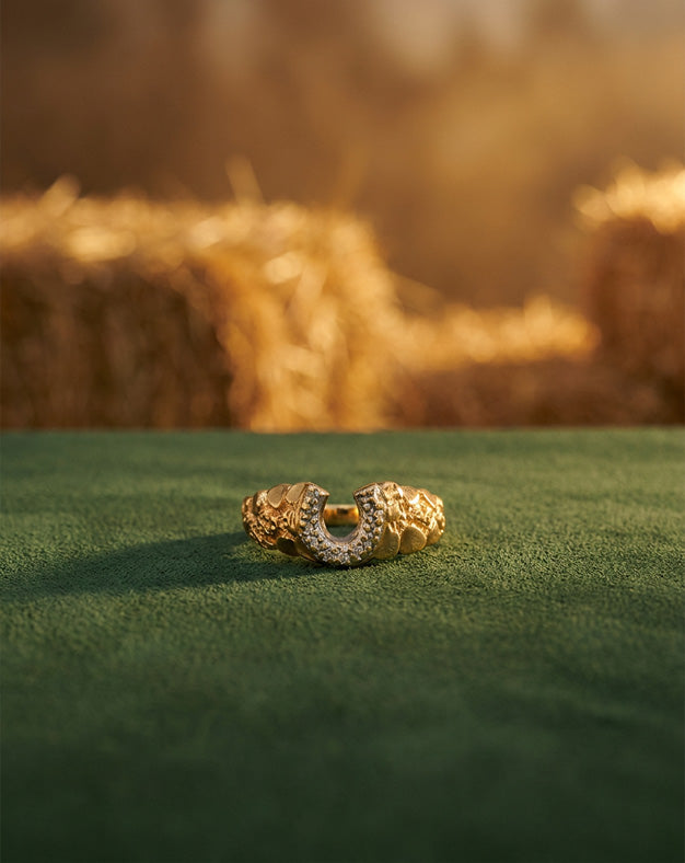 Diamond Horseshoe Ring with Textured Nugget Sides in 10k Yellow Gold