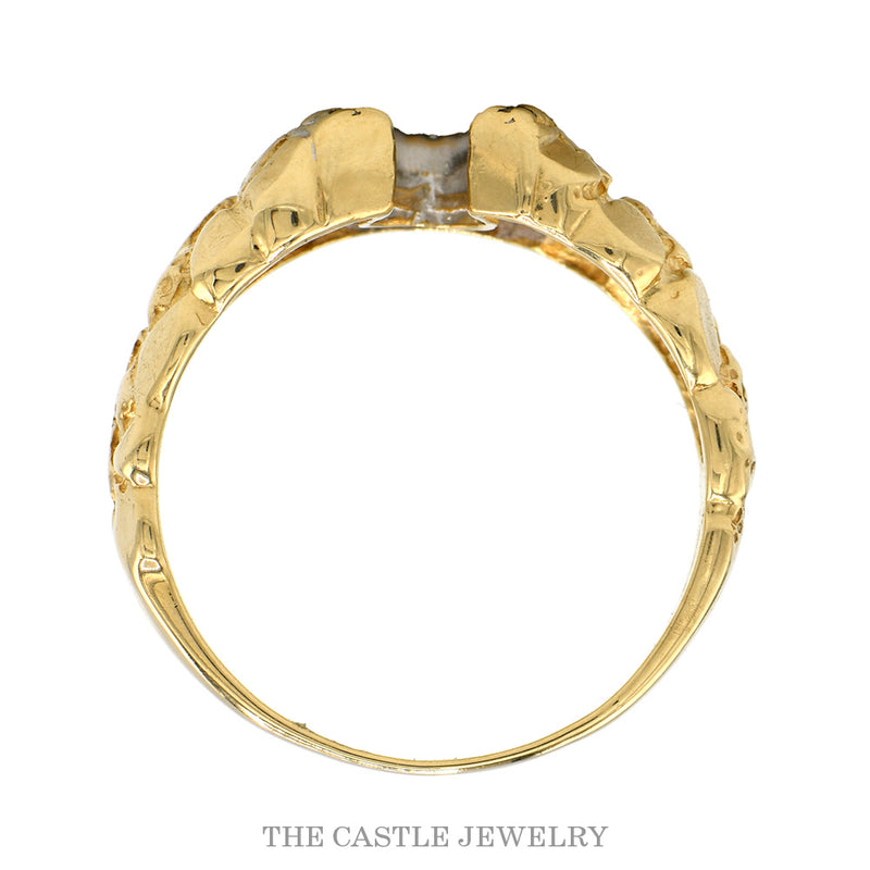 Front-facing view of the diamond horseshoe ring with textured nugget sides in 10k yellow gold