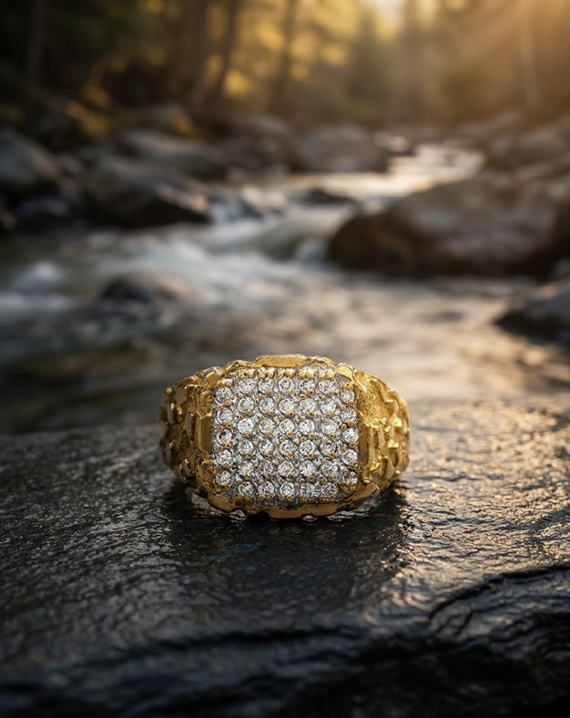 Men's 0.38cttw Square Diamond Cluster Ring with Nugget Design Sides in 14k Yellow Gold