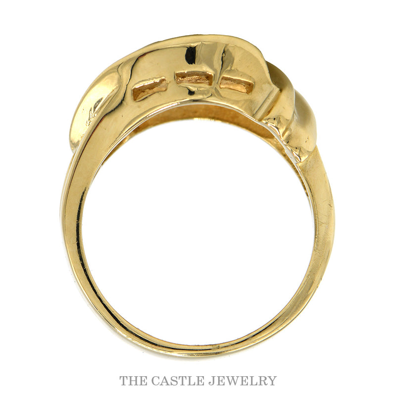 Front-facing view of the large swirled ridged dome ring in 14k yellow gold