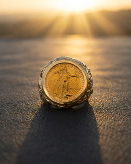 1990 American Gold Eagle Liberty Coin Ring with Nugget Design Sides in 14k Yellow Gold