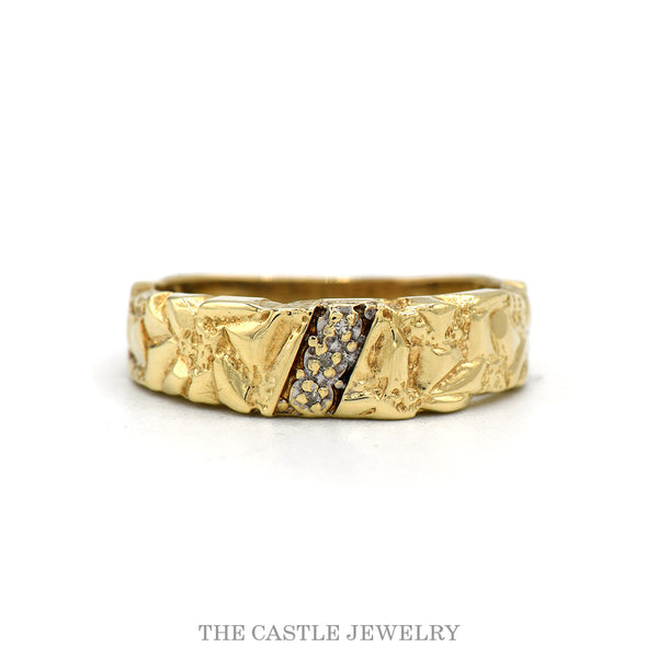 10k yellow gold nugget band with diagonal illusion-set diamond row — top view