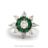 .75cttw diamond and emerald starburst ring with .35ct center in 14k white gold — top view - Thumbnail 1