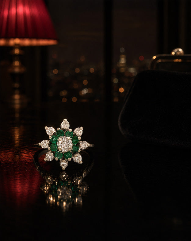 .75cttw Diamond and Emerald Starburst Ring with .35ct Center in 14k White Gold