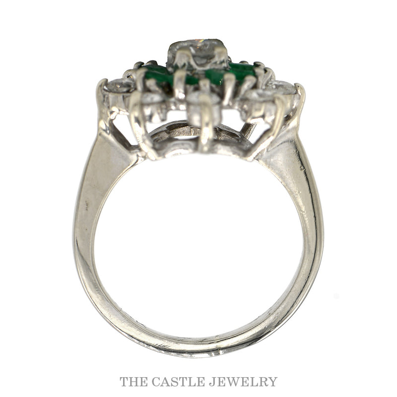 Front-facing view of the diamond and emerald starburst ring in 14k white gold