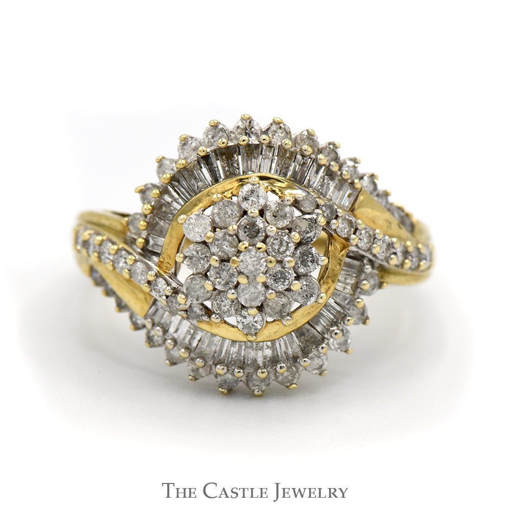 3/4cttw Flower Cluster Ring with Baguette and Round Diamond Accents in 10k Yellow Gold