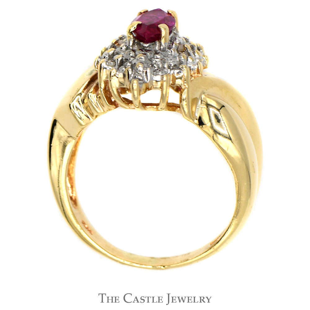 Marquise Shaped Ruby Ring with Illusion Set Diamond Halo in 10k Yellow Gold