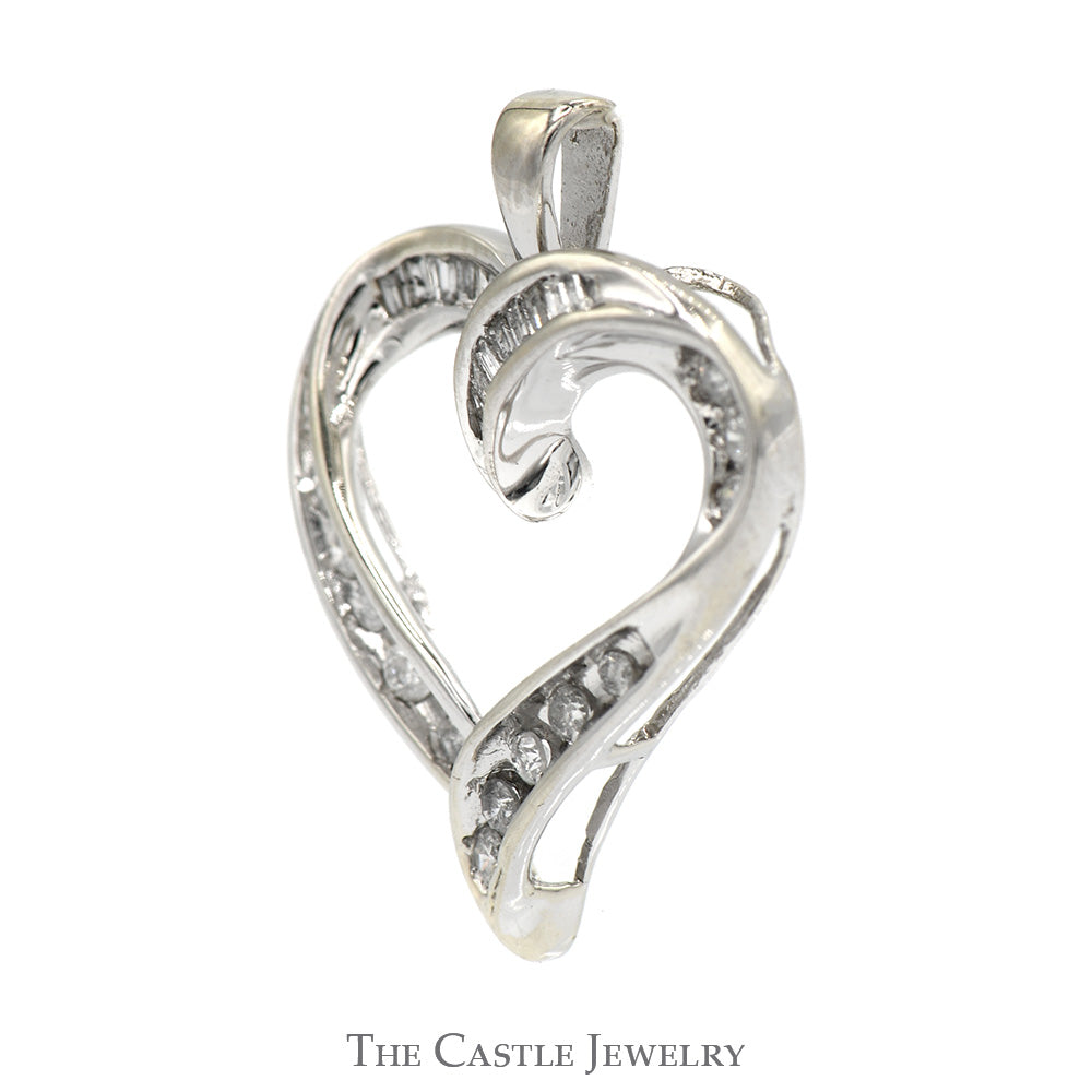 Open Heart Shaped Pendant with Baguette and Round Channel Set Diamonds in 10k White Gold