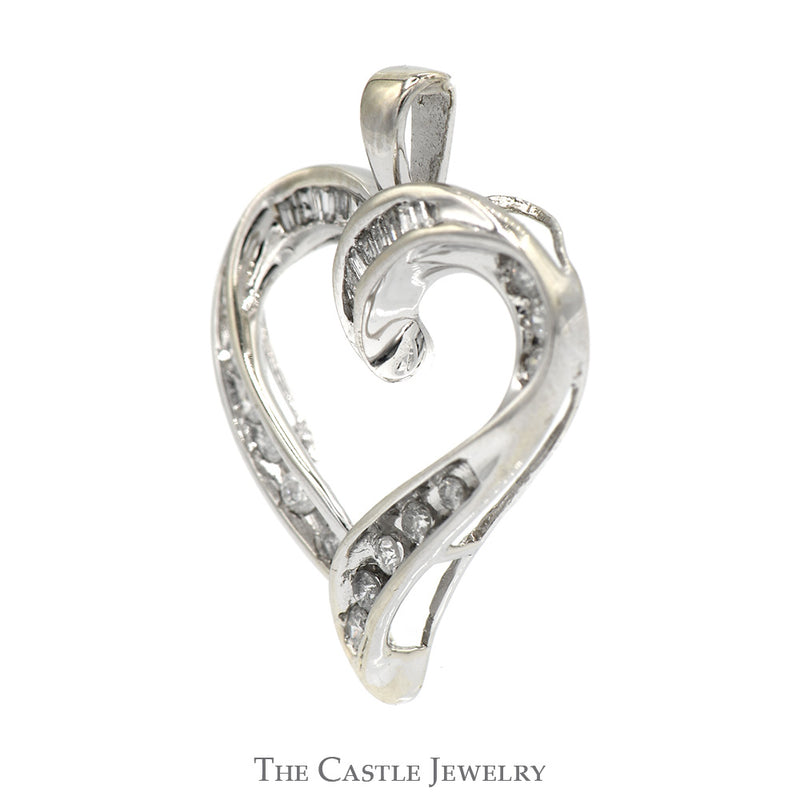 Open Heart Shaped Pendant with Baguette and Round Channel Set Diamonds in 10k White Gold