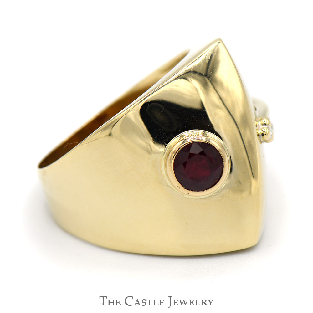 Ruby Dome Ring with Baguette Diamond Accents in V Shaped 14k Yellow Gold Mounting