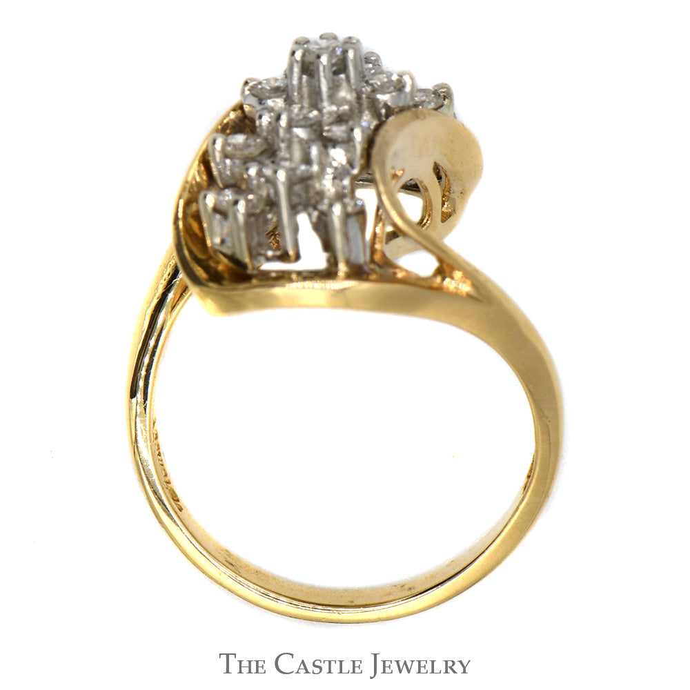 1/2cttw Waterfall Diamond Cluster Ring in 14k Yellow Gold Swirled Bypass Mounting