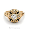 Antique Style Diamond Solitaire Ring with Diamond and Black Inlays in 14k Yellow Gold - Thumbnail 1