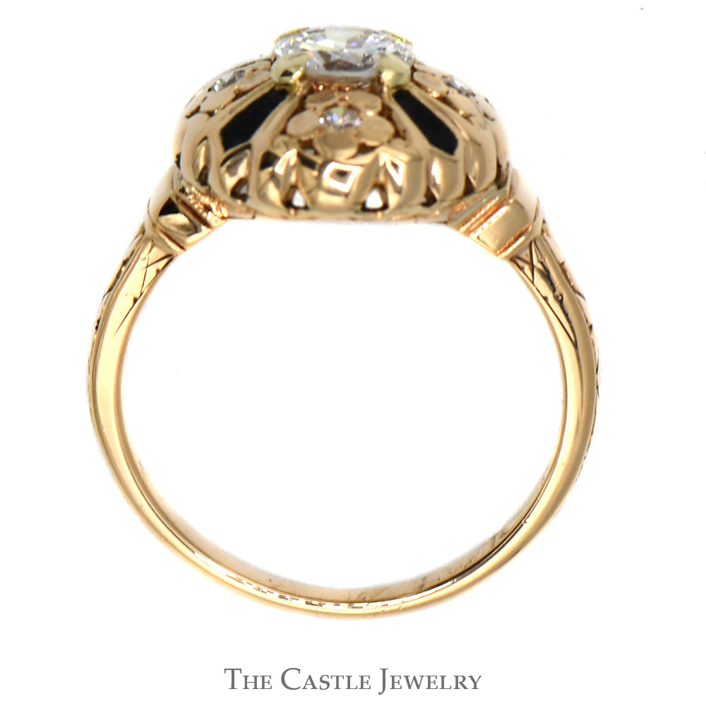 Antique Style Diamond Solitaire Ring with Diamond and Black Inlays in 14k Yellow Gold