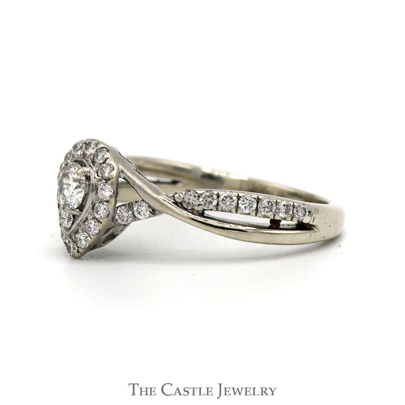 Pear Shape Diamond Engagement Ring With Round Brilliant Cut Diamond Halo And Sides .50CTTW In 14KT White Gold